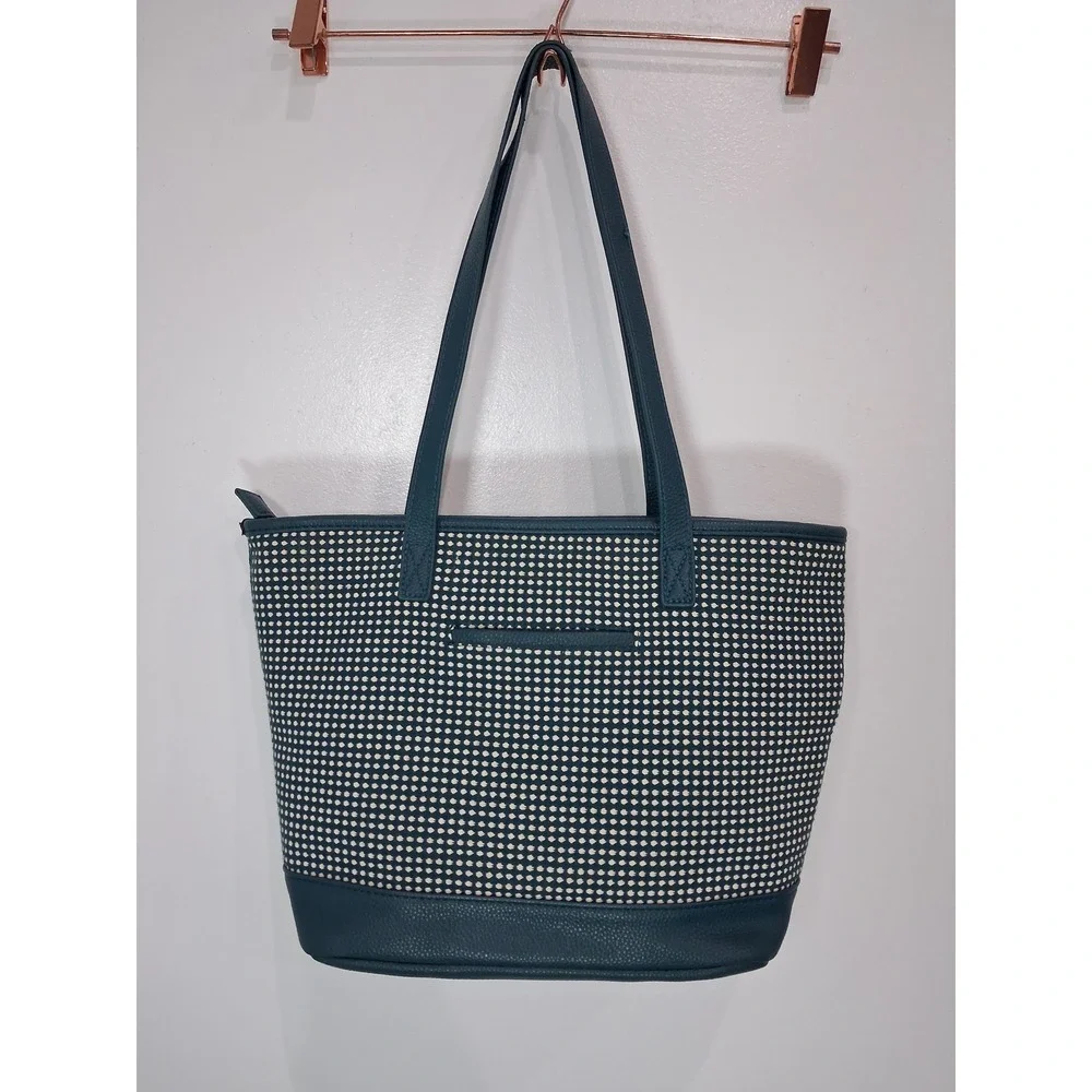Thirty-One Teal Woven Dotted Around Town Tote Bag Faux Leather Trim Phone Pocket